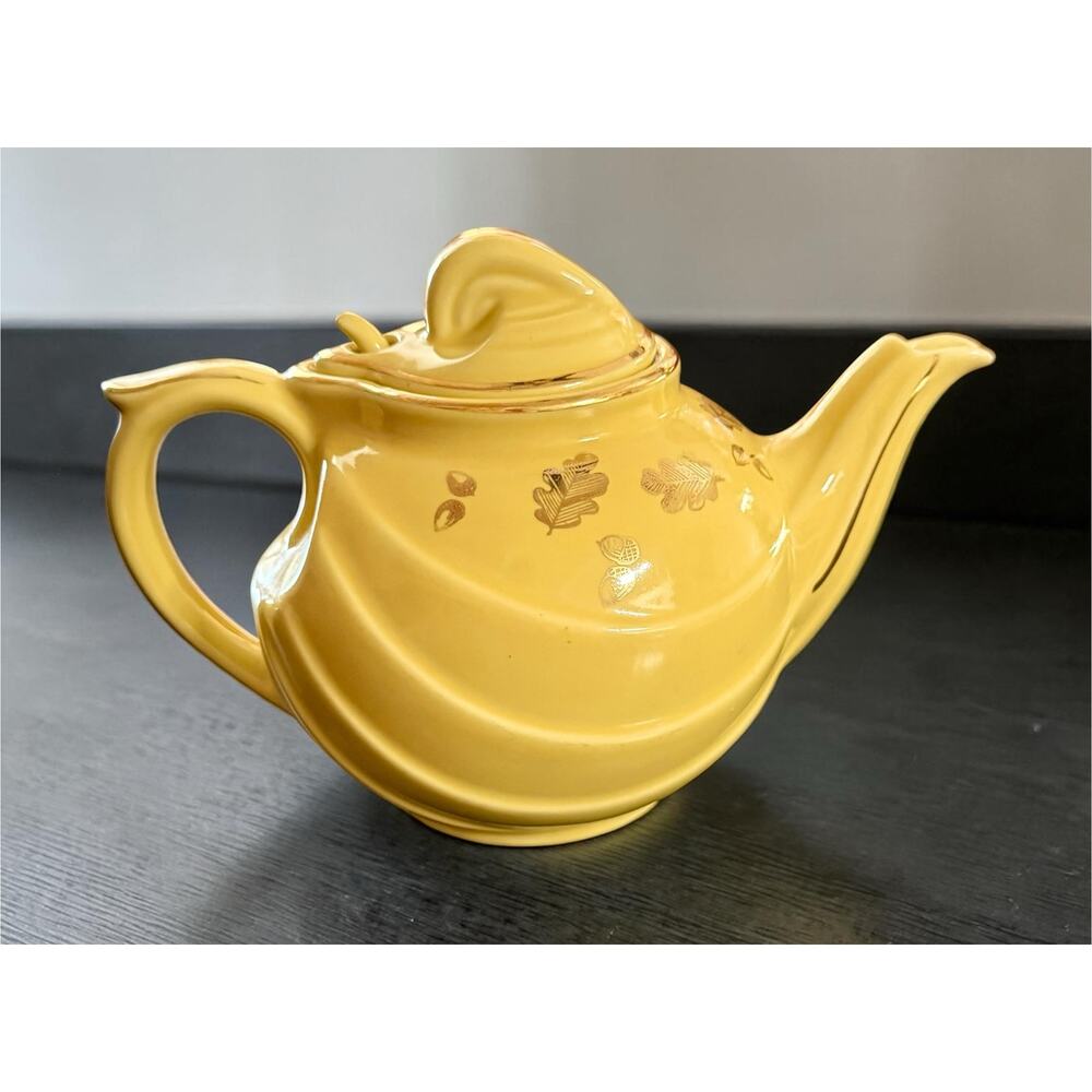 Vintage Hall China Teapot Yellow Parade Gold Leaf Acorn Hook Lid